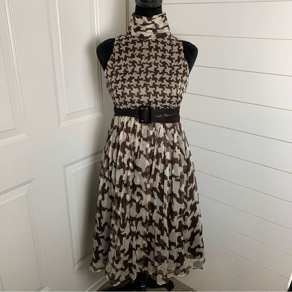 ZARA Brown Houndstooth Silk Chiffon Roll Neck Belt Sleeveless Cocktail Dress, S - Picture 1 of 11